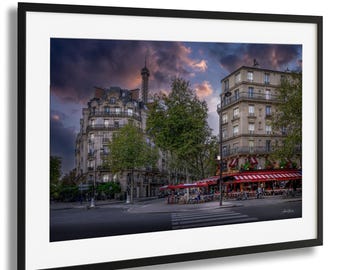 Wall Art Print Paris Street Café, fotografie zonsondergang Eiffeltoren, Parijse architectuurdecor