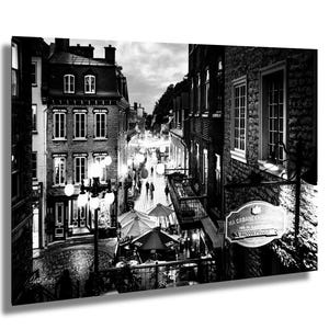 Art mural noir et blanc de la ville de Québec | Photographie de rue de la vieille ville | Impression paysage urbain en soirée | Décoration Canada française | Décoration d'intérieur voyage urbain
