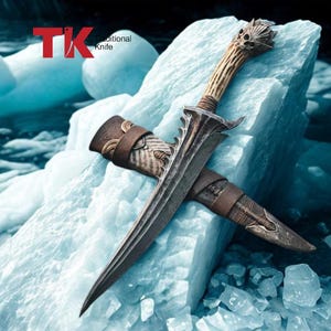 Handmade D2 Steel Fantasy Dagger | Skull Pommel Carved Antler Handle | Double Edge Blade | Leather Sheath |