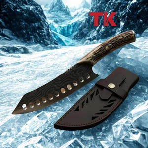 May include: A Damascus steel knife with a patterned blade and a textured antler handle. The knife has a series of holes along the blade and comes with a brown leather sheath. The text "TK" is visible in the upper right corner.