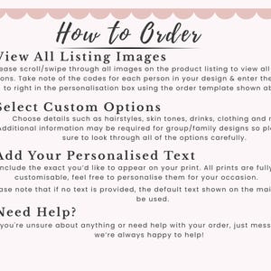 May include: A light pink graphic with the text "How to Order" and numbered steps. Instructions include viewing images, selecting options, adding text, and seeking help. A decorative scalloped border is at the top.
