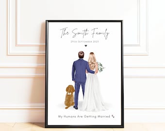 Custom Wedding Couple Portrait With Dog, Personalized Bride And Groom Print, Pet Wedding Gift, My Humans Are Getting Married Art