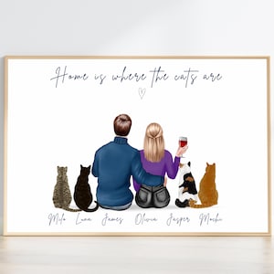 Personalised Couple with Cats Print, Family Portrait with Pets, Cat Lover Gift, Christmas Gift for Family, Home Is Where the Cats Are Print