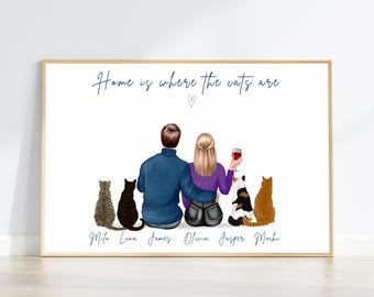 Personalised Couple with Cats Print, Family Portrait with Pets, Cat Lover Gift, Christmas Gift for Family, Home Is Where the Cats Are Print