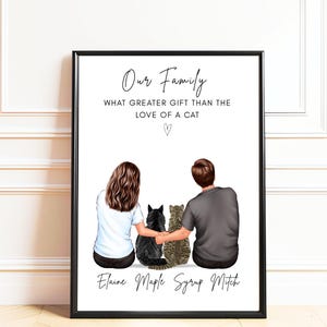 May include: Framed print with a couple and two cats. The text reads "Our Family" and "What greater gift than the love of a cat." The names "Elaine Maple Syrup Mitch" are at the bottom.
