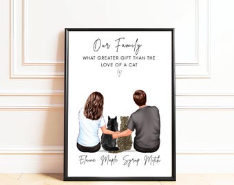 Personalised Family with Cat Print, Cat Lover Gift,  Cat Mum and Dad Gift, Custom Cat Portrait, Couple and Cat Print, Valentines Day Gift