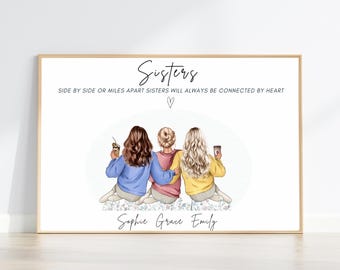 Personalised Three Sisters Print, Custom Three Sisters Gift, Side by Side Print, Sister Quotes, Sister Birthday Gift, Xmas gift for Sisters