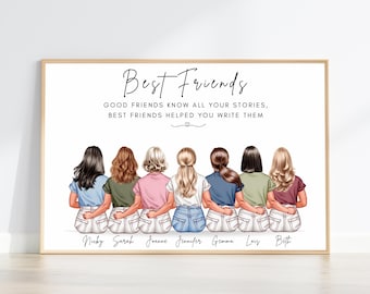 Six Best Friends Gift, Group Of Six Friends Print, Custom Besties Portrait, Girl Gang Friendship Gift, Personalised Friends Print