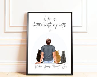 Personalised Cat Dad Print, Custom Cat Father Portrait, Gift for Cat Lover, Cat Dad with Cats Wall Art