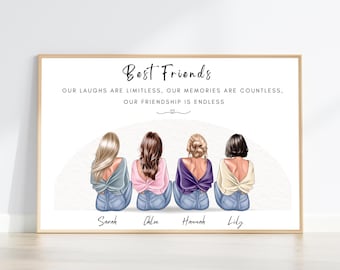 Puede incluir: Una impresión enmarcada con una ilustración de cuatro amigos vistos desde atrás, con tops de espalda cruzada y vaqueros azules. El texto dice: Best Friends, OUR LAUGHS ARE LIMITLESS, OUR MEMORIES ARE COUNTLESS, OUR FRIENDSHIP IS ENDLESS. Nombres Sarah, Chloe, Hannah, Lily.