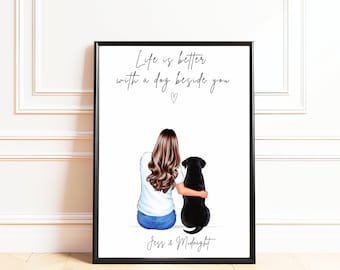 Personalised Dog Mum Print, Dog Lover Gifts, Dog Mom Birthday Gift, Dog and Owner Gift, Custom Dog Portrait, Life is Better with Dogs Quote