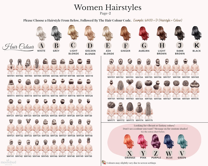 May include: A chart titled "Women Hairstyles" with various hairstyles and hair colors. The chart includes examples of hairstyles and color codes, such as WH10 + D. Hair colors include white, grey, blonde, brown, and black. Additional vibrant colors are also shown.