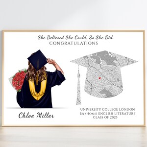 Cadeau personnalisé de remise des diplômes, portrait personnalisé pour diplômés avec carte de localisation, cadeau pour diplômés, impression personnalisée, cadeau de remise des diplômes pour elle
