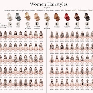 May include: A chart titled "Women Hairstyles" with various hairstyles and hair colors. The chart includes examples of hair colors such as white, grey, blonde, ginger, and black. Each hairstyle is numbered, and the chart is designed for customization.