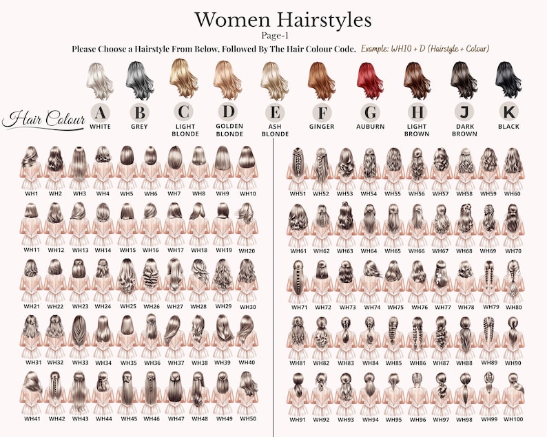 May include: A chart titled "Women Hairstyles" with various hairstyles and hair colors. The chart includes examples of hair colors such as white, grey, blonde, ginger, and black. Each hairstyle is numbered, and the chart is designed for customization.