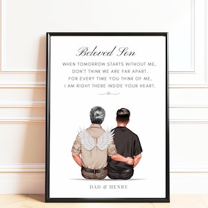 May include: A framed print with the text "Beloved Son" and a poem. The illustration depicts two figures, one with angel wings, embracing. The bottom of the print reads "DAD & HENRY". The frame is black.