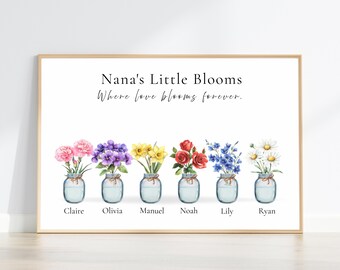 Personalised Family Birth Flower Print, Nana's Little Blooms, Birth Month Flower Art, Grandma Gift, Granny's Garden Wall Decor