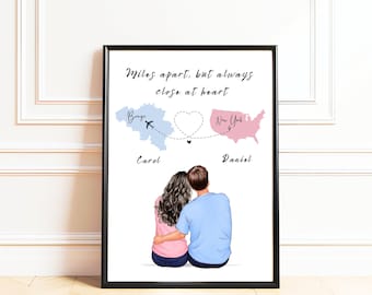 Long Distance Relationship Gift: Personalised Two Countries Map Print, Custom Country to Country Couple Gift, Two Location Love Map