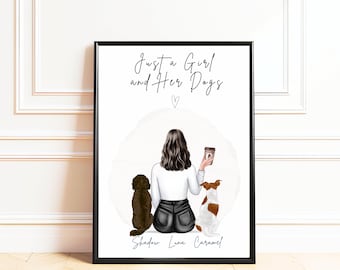 Woman with Dog Print, Personalised Dog Mum Gift, Coffee Lover Wall Art, Custom Pet Portrait Gift for Her, Just a Girl Who Loves Dog Poster