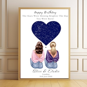 Cadeau d'anniversaire personnalisé carte des étoiles pour meilleur ami, cadeau d'anniversaire Bestie, impression amitié personnalisée, affiche du zodiaque ciel nocturne ami