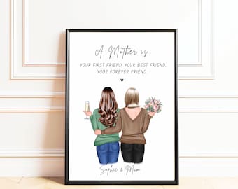 May include: A framed print featuring an illustration of two people from behind. One has long brown hair in a green sweater holding a glass, the other has blonde hair in a brown sweater holding flowers. Text reads: A Mother is YOUR FIRST FRIEND, YOUR BEST FRIEND, YOUR FOREVER FRIEND. Sophie & Mum.