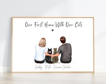 Our First Home Gift, Personalised New Home With Cats Print, Couple Housewarming Art