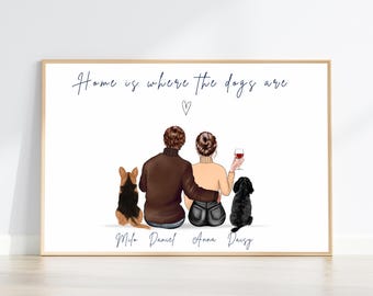 Personalised Couple and Dog Print, Dog Family Portrait Illustration, Pet Owner Gifts, Christmas Gift for Family, Valentines Gift for Couple