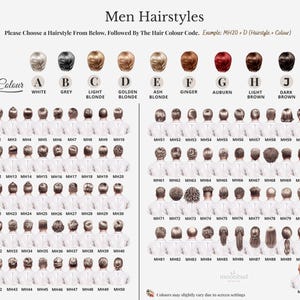 May include: A chart displaying various men's hairstyles and hair colors. The chart includes numbered hairstyles and color options labeled with letters. The text reads "Men Hairstyles" and provides instructions for selection.