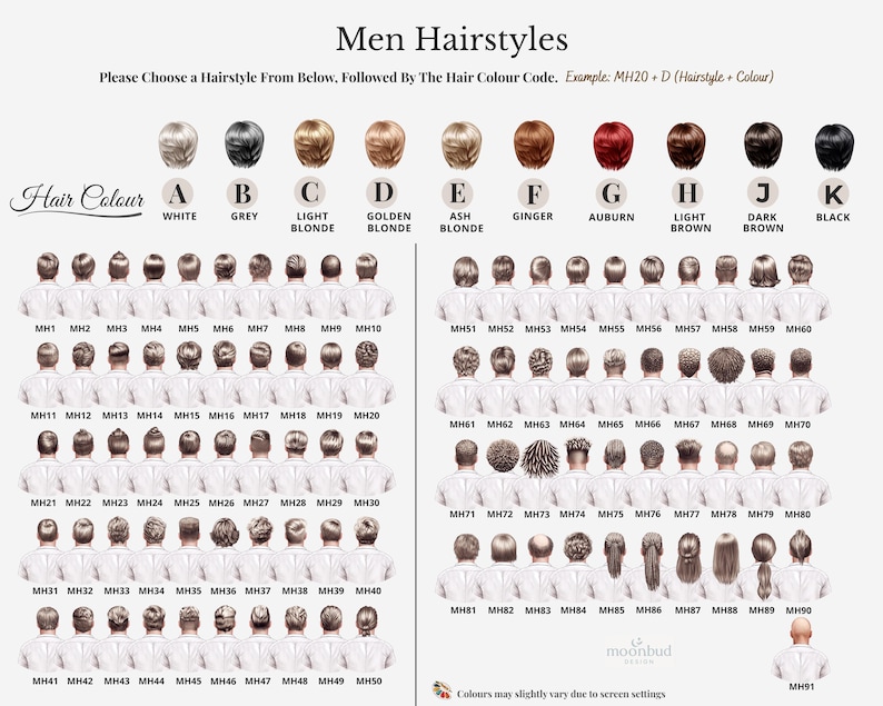 May include: A chart displaying various men's hairstyles and hair colors. The chart includes numbered hairstyles and color options labeled with letters. The text reads "Men Hairstyles" and provides instructions for selection.