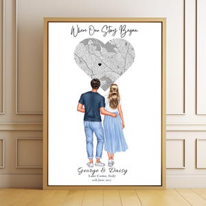 Impression personnalisée de carte de couple, portrait d'anniversaire personnalisé, cadeau où nous nous sommes rencontrés, impression de lieu de fiançailles, art numérique de mariage