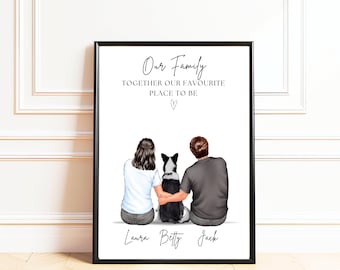 Personalised Family Portrait With Dog, Couple with Dog Print, Pet and Owner Gift,  Dog Mum and Dad Gift, Dog Family Print, Valentines Gift