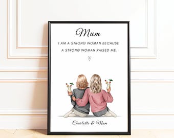 Gift For Mum From Daughter, Personalised Mum And Daughter Print, Strong Woman Raised Me Wall Art