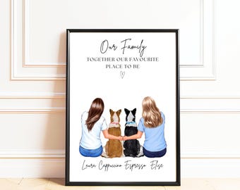 Personalised Two Mum Family Portrait with Dog, Couple with 2 Dogs Print, Pet Owner Gifts, Dog Mum Gifts, Dog Family Picture, Valentines Gift