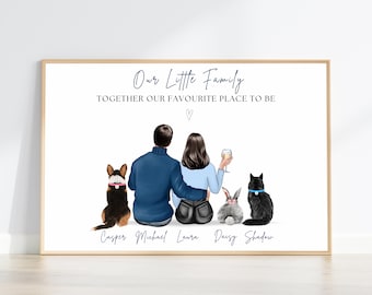 Póster personalizado de "Nuestra Familia con Mascotas", regalo para parejas y mascotas, retrato de gato, perro y conejo, regalo de Navidad.
