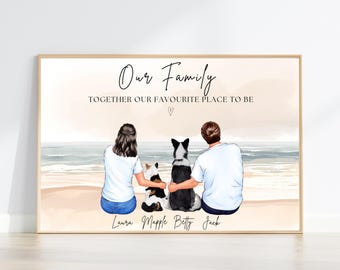 Personalised Beach Family Portrait, Couple with Pets Print, Pet Lover Gift, Our Family Beach Wall Art, Dog Cat Portrait, Holiday Home Decor