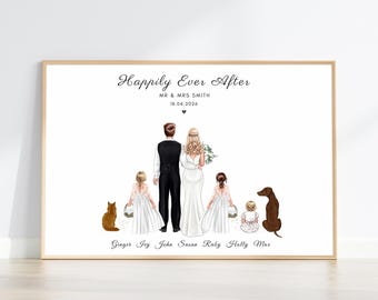 Custom Wedding Portrait with Kids and Pets, Wedding Family Illustration, Personalized Bride and Groom Gift, Mr and Mrs Keepsake