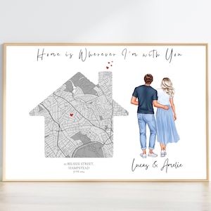 Stampa personalizzata della mappa della tua nuova casa per coppia, regalo di inaugurazione della casa personalizzato, decorazione da parete con il primo indirizzo di casa, regalo di trasloco per lui e per lei