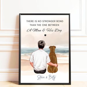 May include: A framed art print depicting a man and his dog on a beach, with the text "THERE IS NO STRONGER BOND THAN THE ONE BETWEEN A Man & His Dog." The artwork includes the names "Steve & Betty" and a paw print.
