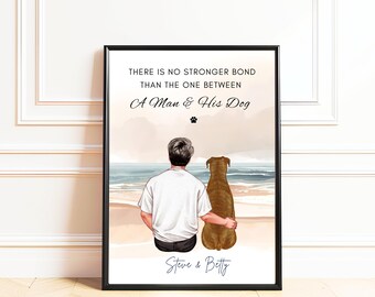 Dog And Owner Beach Print, Personalised Dog Dad Gift, Man And His Dog Print, Pet Lover Gift for Him, Custom Dog Portrait