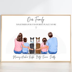 Vår familj med husdjurstryck, personligt familjeporträtt med hund, mamma pappa barnpresent, hundkattillustrationskonst, julklapp till föräldrar