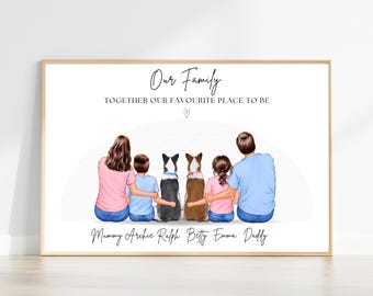 Our Family with Pet Print, Personalised Family Portrait With Dog, Mum Dad Kids Gift, Dog Cat Illustration Art, Christmas Gift for Parents