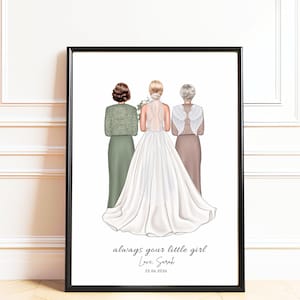 May include: A framed illustration shows three figures from behind: a bride in a white gown, a woman in a green outfit, and another in a brown dress with angel wings. The text "always your little girl Love, Sarah 25.06.2026" is at the bottom.