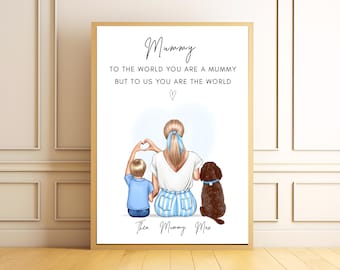 Personalised Mummy and Son Print With Dog, Gift for Mom, Mother and Son Matching Portrait, Mother’s Day Gift, Dog Lover Gift