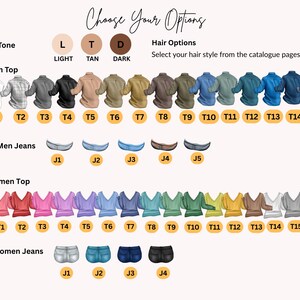 May include: A product selection guide with options for skin tone, tops, and jeans. The text "Choose Your Options" is at the top. The guide includes options for men's and women's clothing, with various colors and styles.