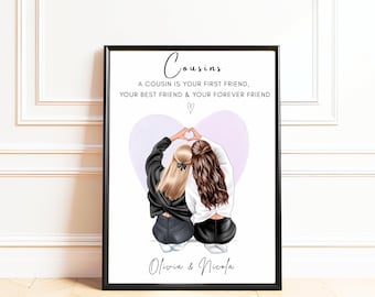 Cousins Portrait, Gift for Cousin Who is Best Friend, Personalised Cousin Print, Birthday Gift for Cousins, Xmas Gift for Cousin