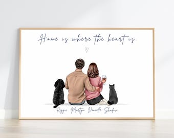 Home Is Where The Heart Is Print, Personalised Couple With Dog Cat Portrait, Custom Pet Family Illustration, New Home Gift