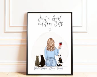 Personalised Cat Mom Gift,  Custom Wine Lover Print, Woman with Cats Art,  Pet Portrait for Her,  Funny Cat Lover Gift, Just a Girl Gift