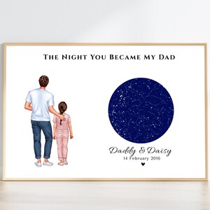 Carte des étoiles La nuit où vous êtes devenu mon père, portrait personnalisé pour la fête des pères, cadeau d'anniversaire unique de la part d'une fille, art numérique imprimable papa et enfant