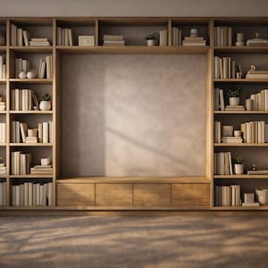 Puede incluir: Una gran estantería de madera con múltiples estantes llenos de libros, jarrones decorativos y pequeñas plantas en macetas. La estantería tiene una zona central empotrada y un mueble bajo con cajones. La habitación tiene una paleta de colores neutros.