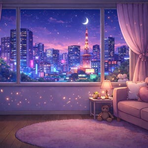 May include: An anime-style illustration of a cozy room with a city skyline view. The room features a pink sofa, a fluffy rug, and a window with curtains. The city is lit up with neon lights, and the sky has a crescent moon.